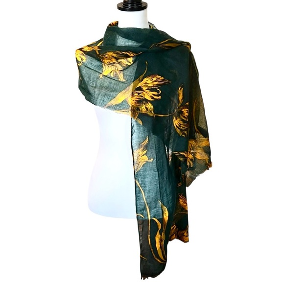 NWT ANN TAYLOR Green and Yellow Floral Chiffon  Scarf - Picture 4 of 7